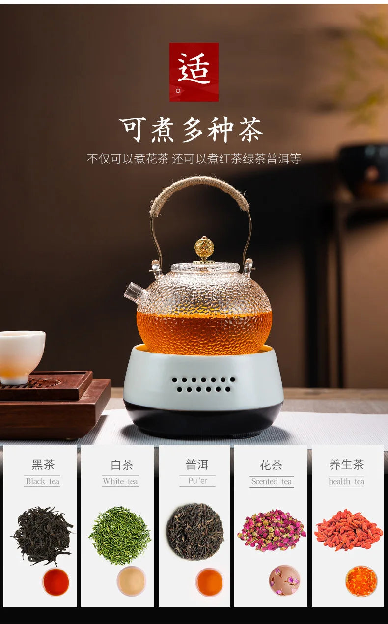Japanese-style Hammer Pattern High Temperature Resistant Glass Tin Flower Copper Handle Beam Pot Teapot Glass Tea Set