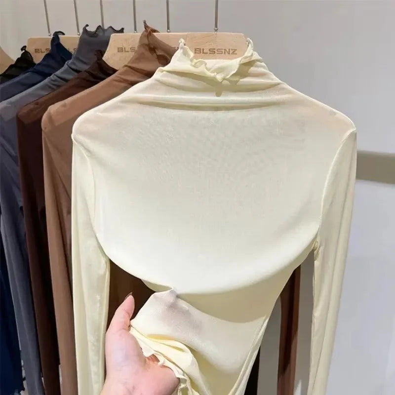 Sexy Women T Shirt See Through Transparent Tops Long Sleeve Ladies T-Shirt Pink Green Basic Top for Female Bottoming Blouses