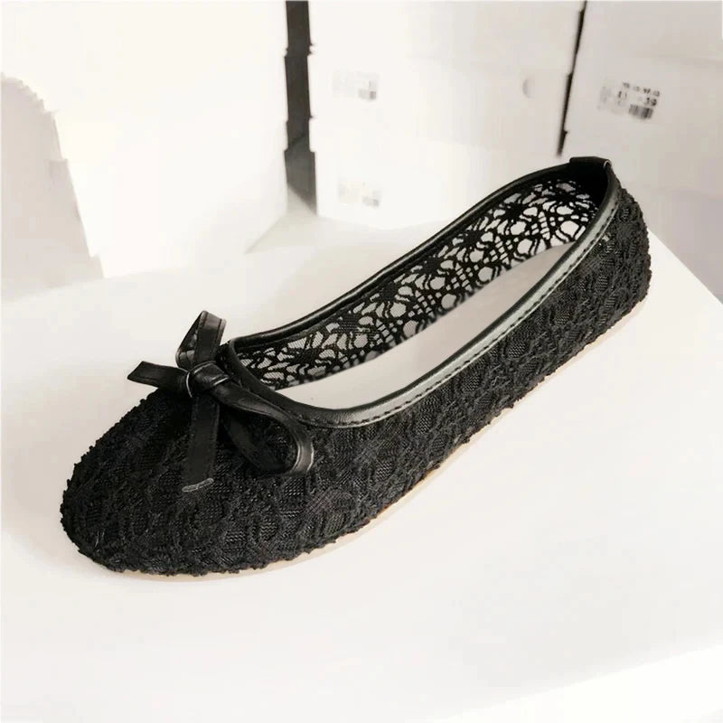 Damen Ballerinas mit Schleife - Flache Slip-On Schuhe - Cut-Out Design Atmungsaktive Casual Flats