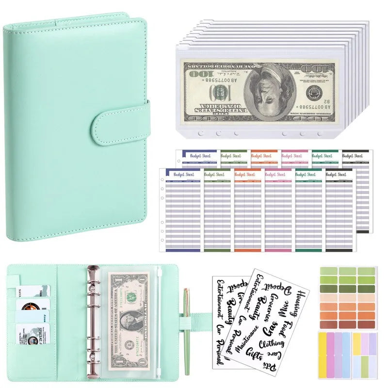 PU Leather Notebook Binder Budget Saving Money Planner Money Organizer for Cash Savings Zipper Envelope Pockets Stickers