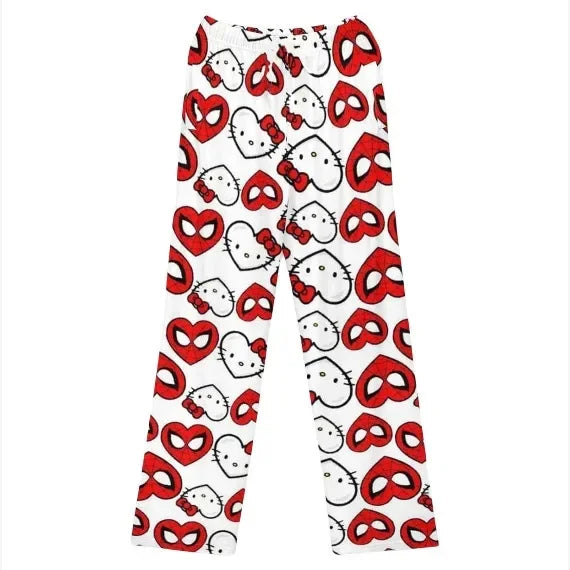 Pyjama 2025: Hello Kitty Spiderman Pajamas Black Kawaii Print - Men Women Universal Couple Fashion Long Comfort Loose Casual Pants Clothing Collection