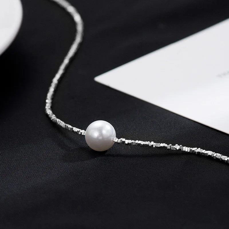 Sparkling 12mm Pearl Pendant Necklace For Women Girl 100% 925 Sterling Silver Choker Chain Wedding Birthday Party Gift Jewelry