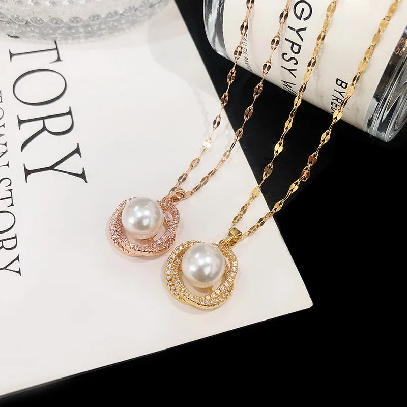 New Fashion Luxury 18K Gold Plated Imitation Pearl Pendant Necklaces For Women Trendy Retro Style Stainless Steel Clavicle Chain