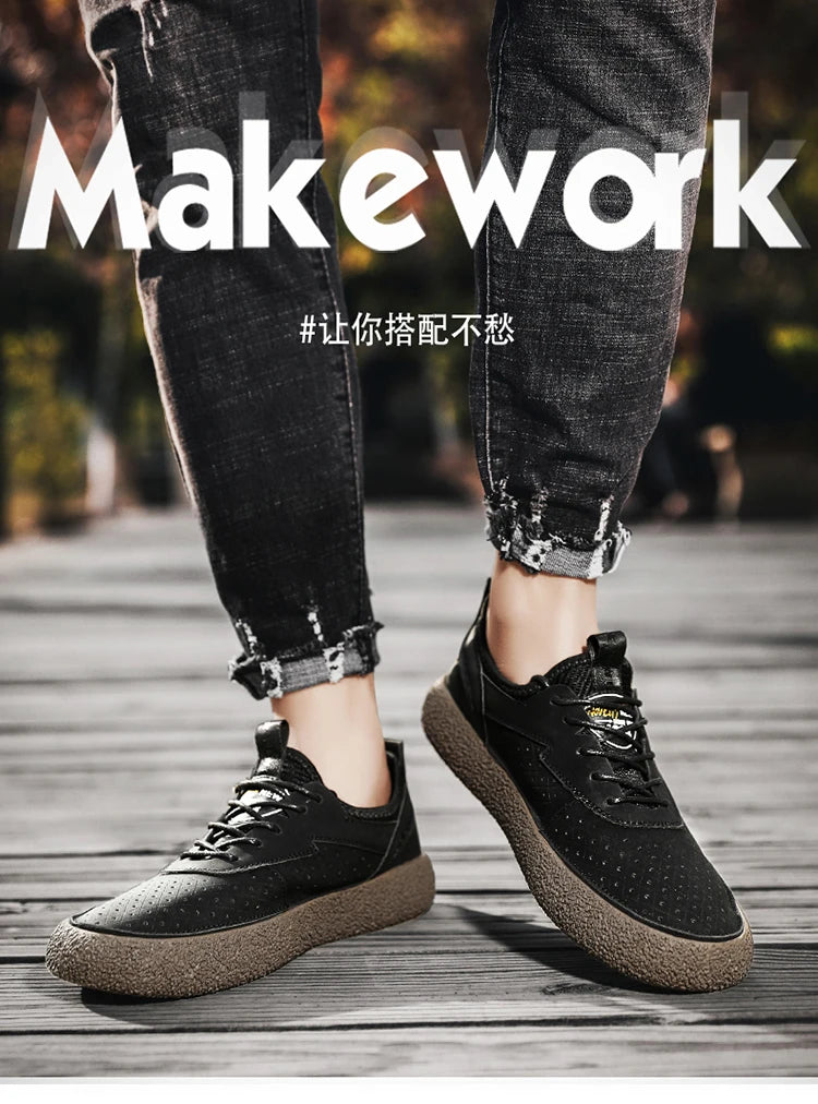 Sneakers for Men Comfortable Classic Outdoor Casual Skate Shoes Male Fashion Non-Slip Genuine Leather Skateboard Shoes Flats