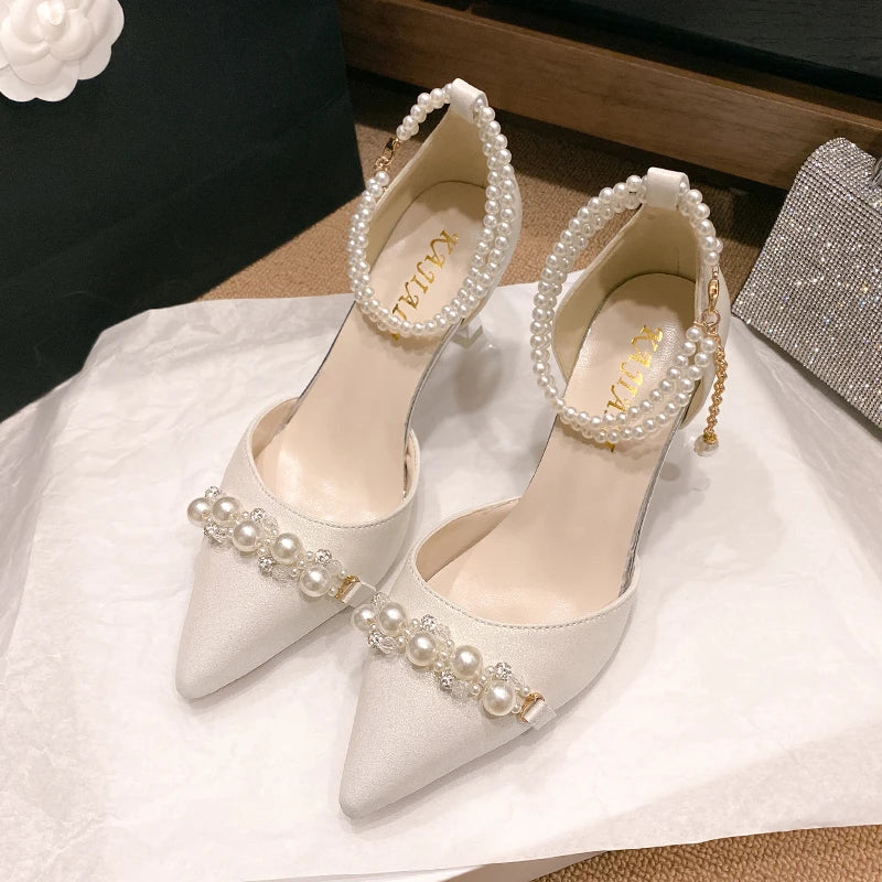 Women's Sandals Summer New Pointy Beaded Buckle Bag with Wedding Heels Stylish Temperament Stiletto Heels Party Shoes