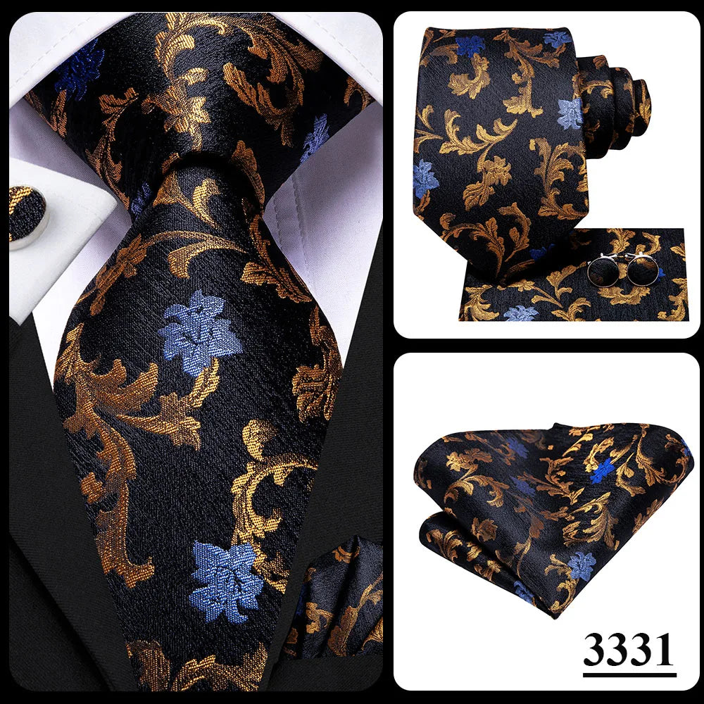 Set de cravate bărbătești din mătase Hi-Tie, model floral, cravate și batiste aurii galbene, set de butoni, costum de nuntă pentru bărbați, cravată la modă C-3053