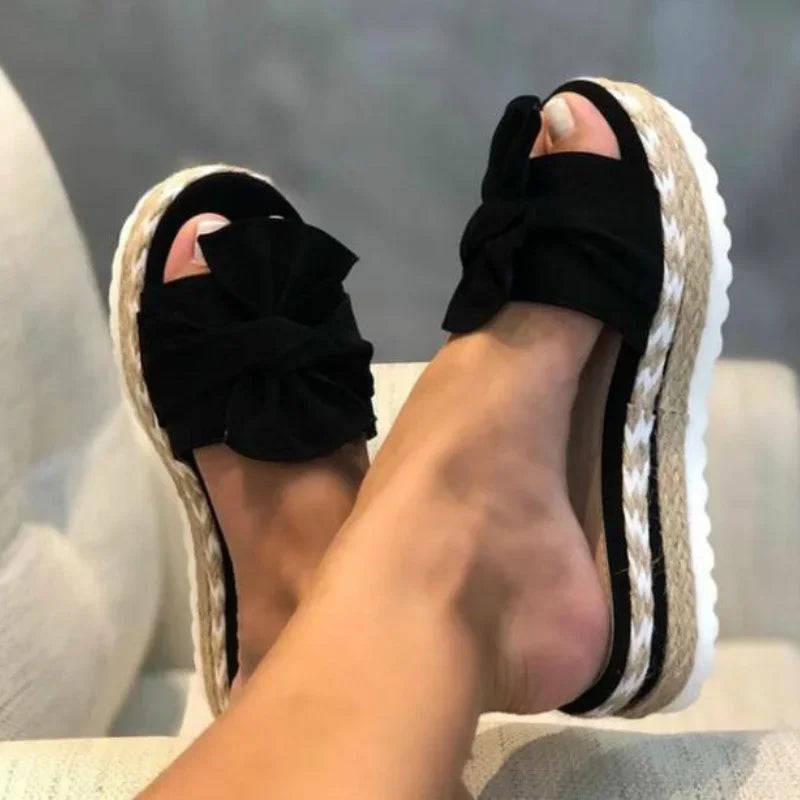 Women Slippers Summer 2023 Platform Wedges Mid Heels Bow Tie Peep Toe Fashion Slides Beach Outdoor Ladies Shoes Zapatos De Mujer