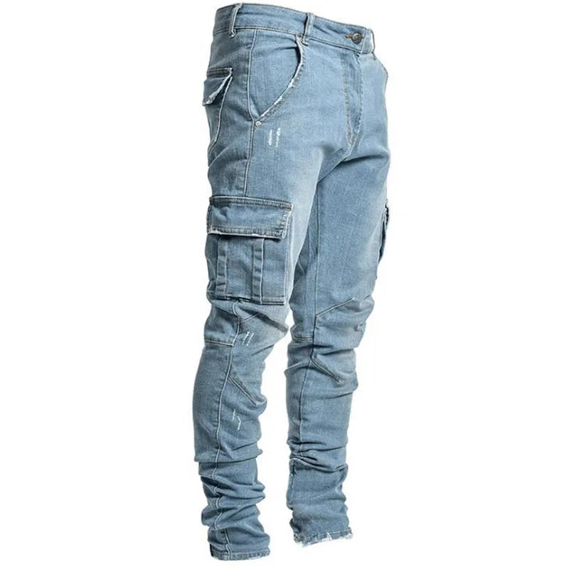 Jeans Men Black Cargo Pants Multi Pockets Denim Pantalones Blue Slim Fit  Overol Hombre Fashion Casual Streetwear Trousers 3XL