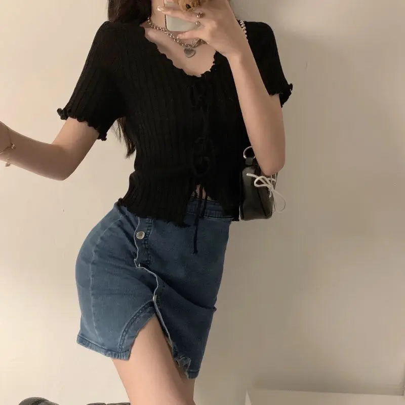 Knitted TShirt For Women V-neck Summer Simple Versatile Casual Crop Tops Bandage Ribbed Short Sleeve Women's Top T-Shirt Girl