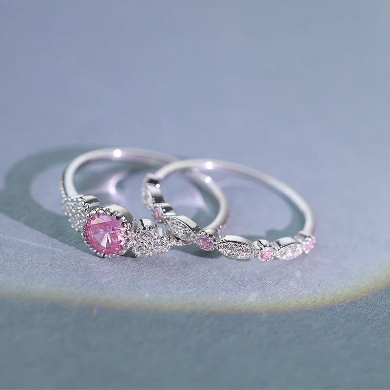 Personalized Stacking Ring Genuine S925 Silver Pink Zircon Fashion Versatile Double Layer Ring Ring