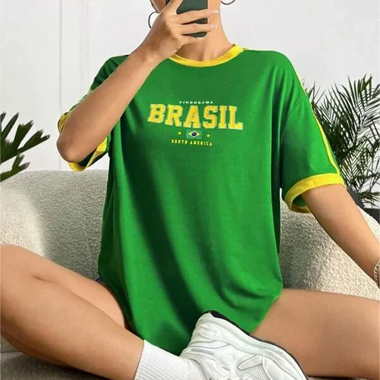 ZSSKASLCN Damen T Shirt Brasil Print - Grün Gelb Slim