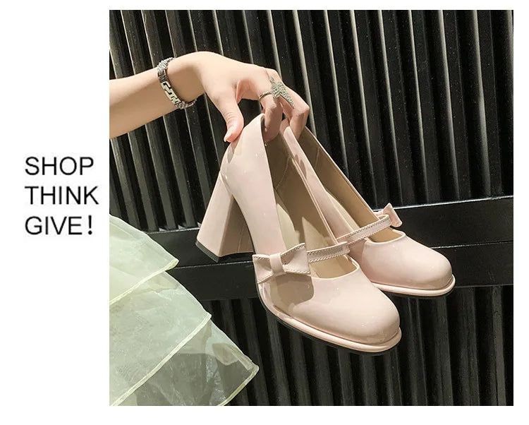 Elegant Heel Shoes Ladies 8cm High Heel Bowknot Solid Mary Jane Zapatos Adult Dress Pink White Black Cosplay Footwear