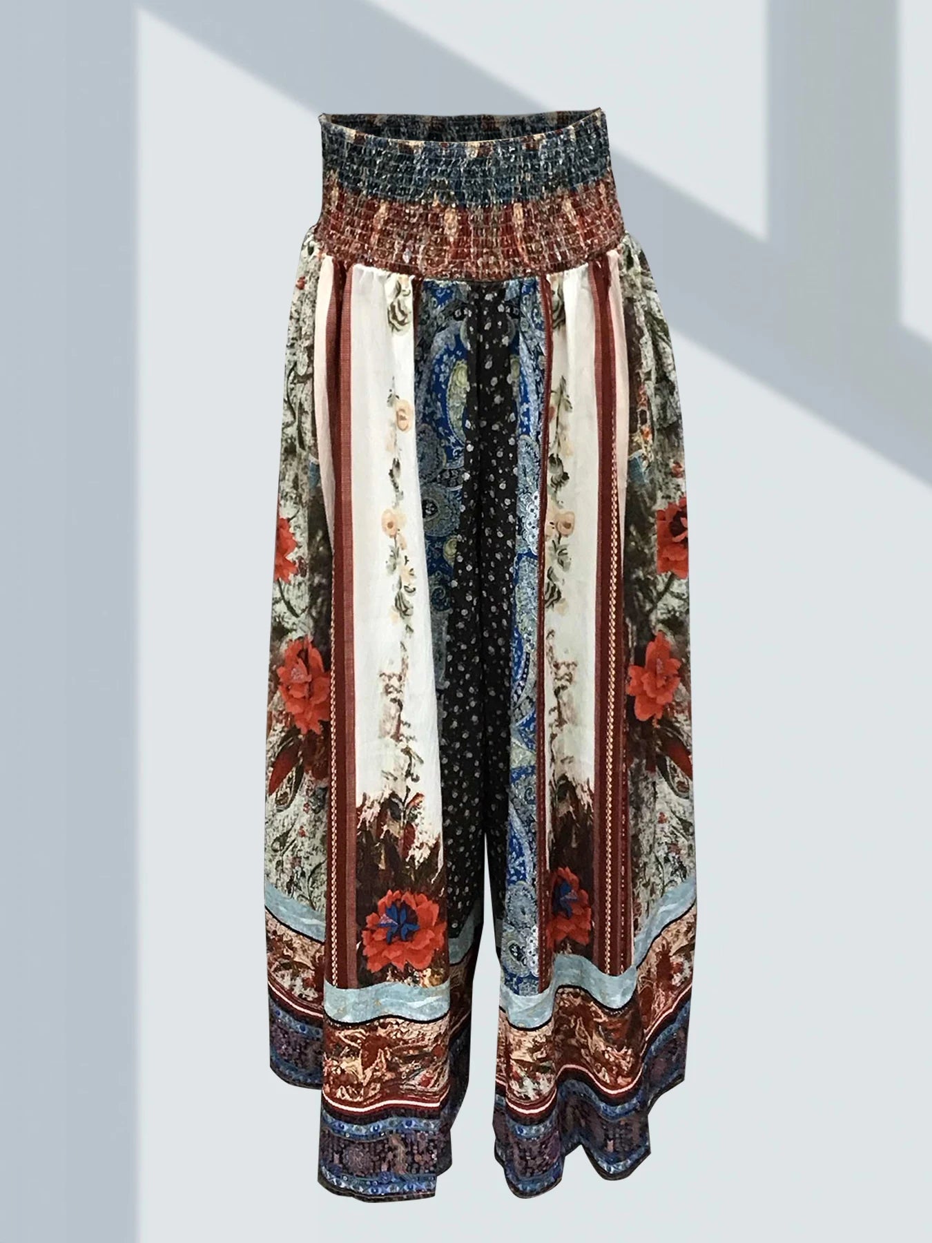 Elegant Women's Trousers Bohemian Style Classic Retro Floral Pattern Print Elastic Waist High Waist Women's Wide Leg Pants