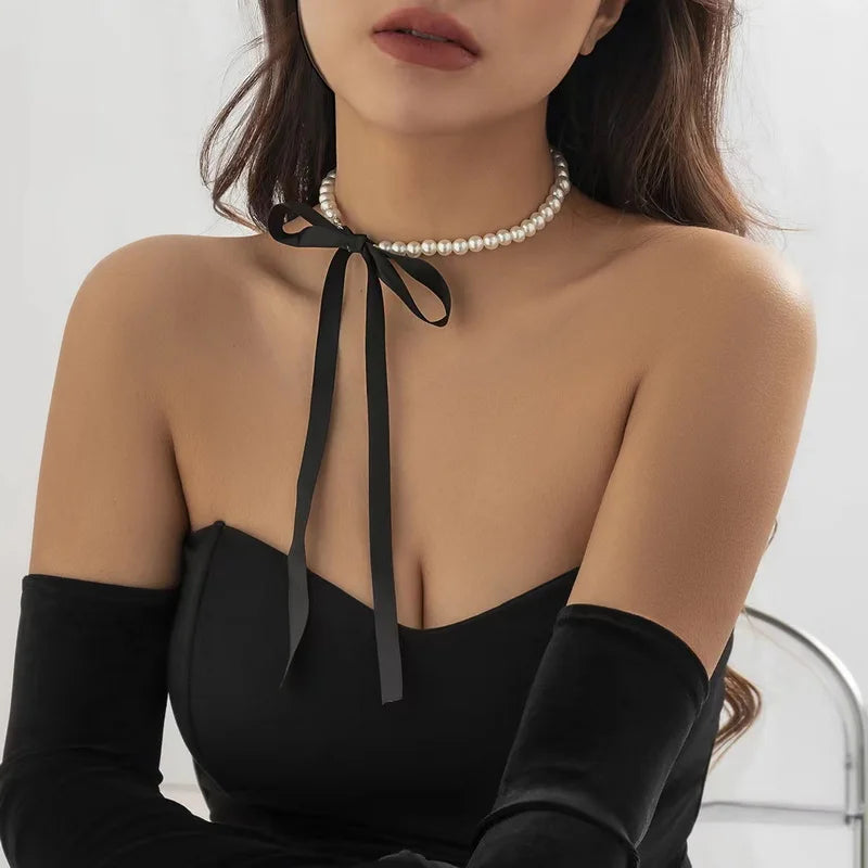 Elegant Imitation Pearl Long Tassel Pendant Necklaces For Women French Fashion Bowknot Choker Jewelry Evening Party Accessories