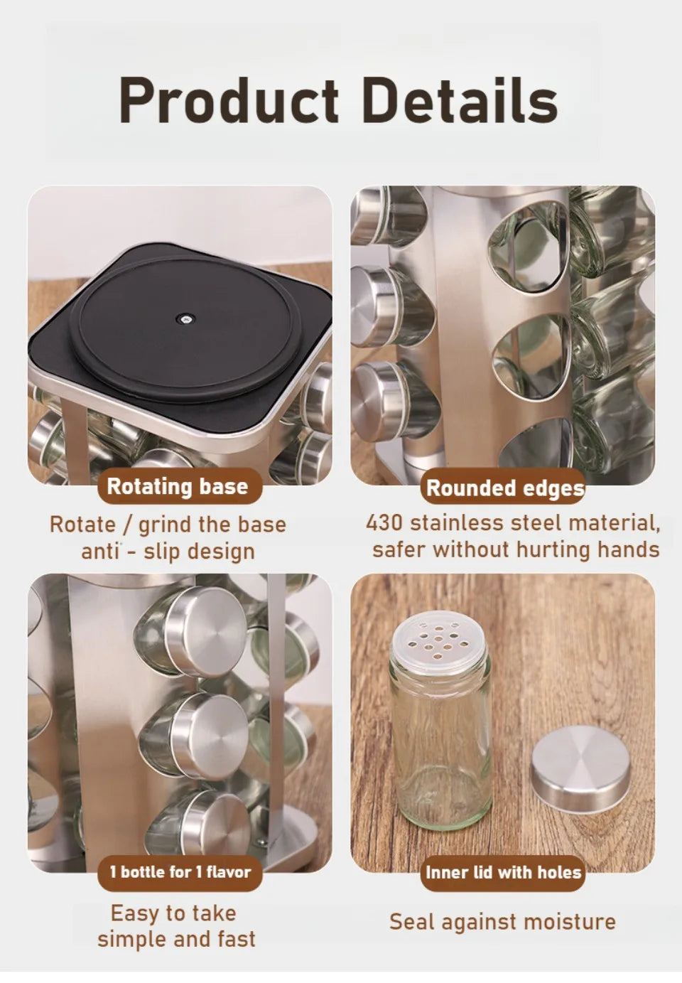 Stainless Steel Spice Rack Rotating Seasoning Set Vertical Spice Sorting Rack Square Condiment Organizer Salt Sugar Containers