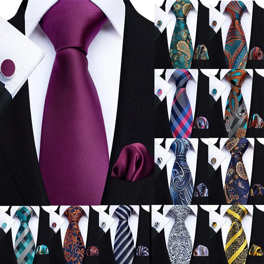 Luxury Mens Ties Floral Black Gold Ties Paisley Grid NeckTie Pocket Square Cufflinks Set Men's Wedding Party Tie