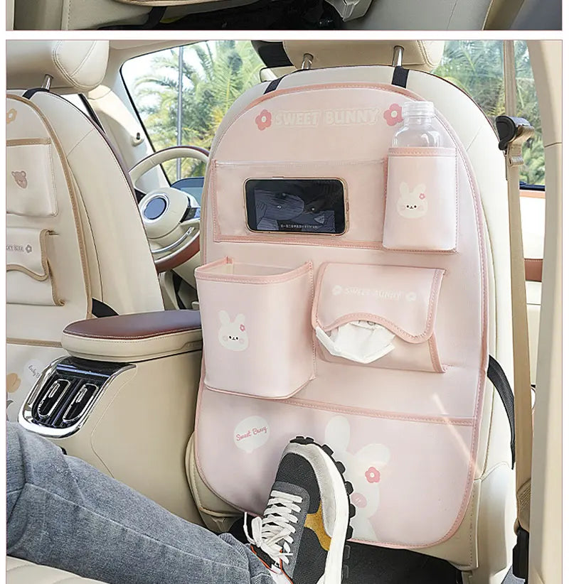 Car Seat Back Storage Bag Organizer Bear Bunny Multifunctional Car Back Seat Anti-Dirty Anti-Kick Storage Pad Car Accessories