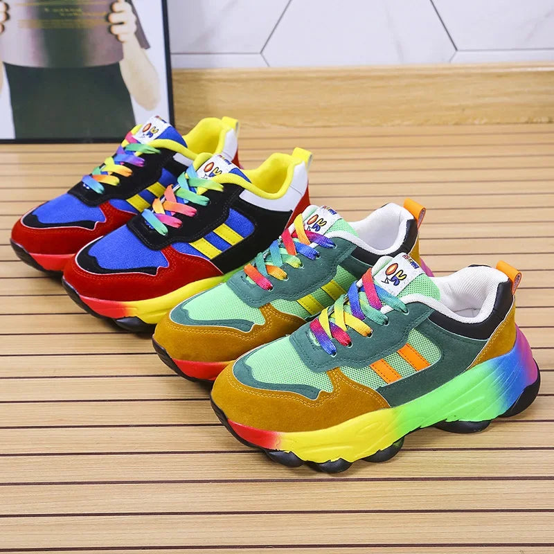 Damen Tennis Sneakers Casual Running Schuhe Rainbow Vulkanisierte Schuhe Schnürung Platform Schuhe Komfortabel