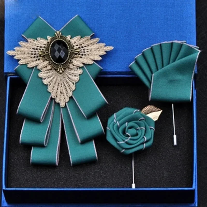 Set de nuntă 2025: Noua modă britanică pentru bărbați, performanță de nuntă pentru mire - Set de accesorii pentru bărbați cu papion, guler floral și buzunar, pentru petrecere de nuntă