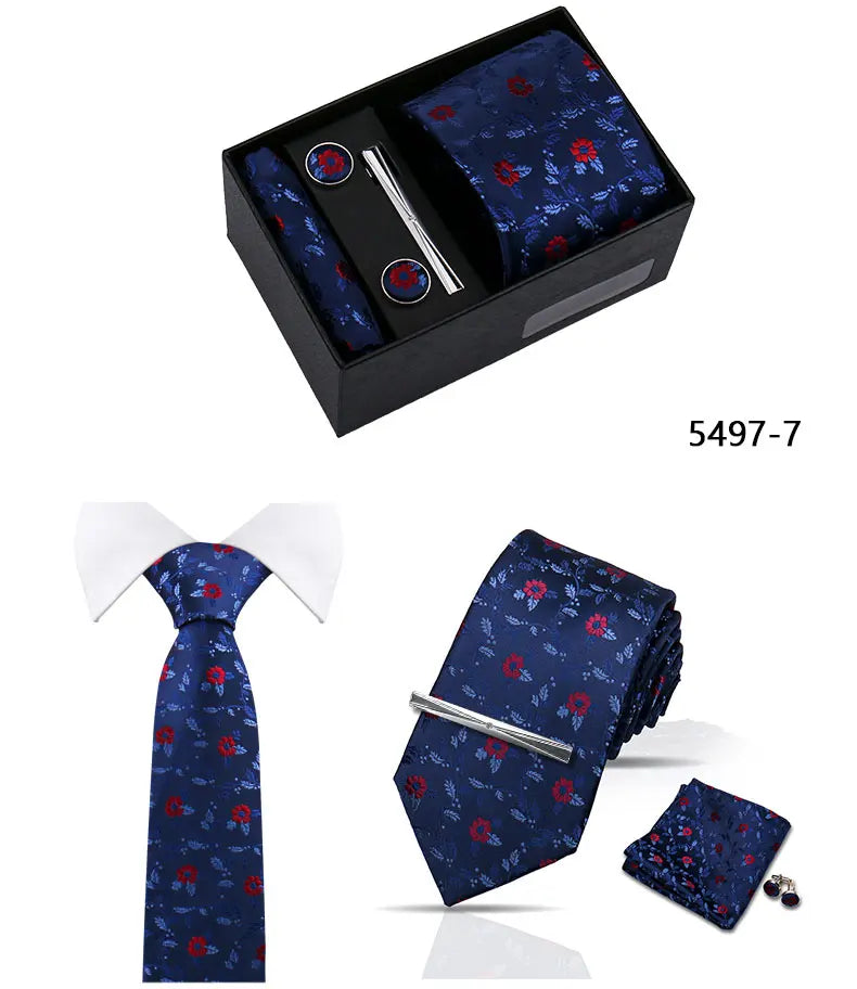 Elegant Men's Suit Necktie Gift Box Set Floral Tie Handchief Cufflinks Tie Clip 4-Piece Business Wedding Party Suit Accessories