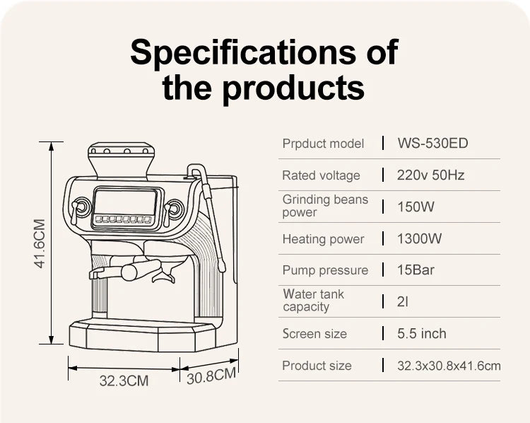 Mcilpoog TC530 Semi Automatic Coffee Machine with Grinder & Powerful Steamer,5.5-Inch Display,Coffee Maker for Home and Office.