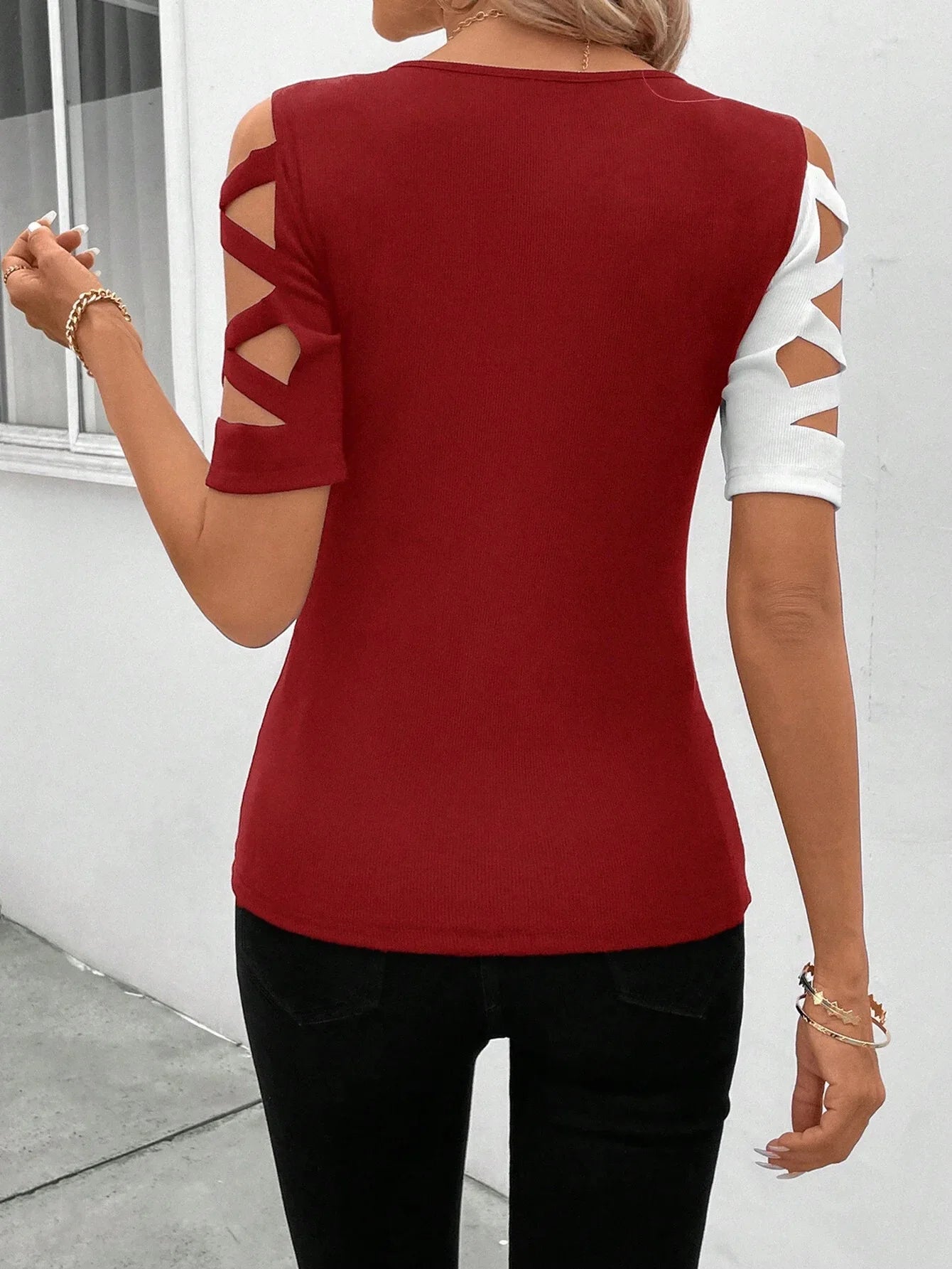 Tricou femei T-shirt Slim Color Block Office Fashion Street Top Hollow mânecă scurtă strâmtă tricouri pentru femei