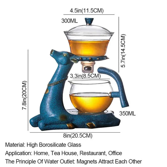 BOZZH-Kungfu Glass Tea Set, Creative Deer Teapot, Magnetic Water Diversion, Tea Infuser, Turkish Drip Pot with Base - Golden Bridge Store