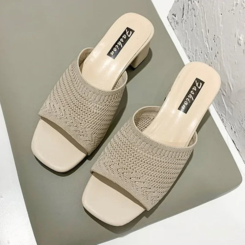 Women Slippers 2022 Summer Closed Toe Comfort Slippers Women Fashion Fly Weave Outdoor Sandals Women Medium Heel Slippers - Golden Bridge Store
