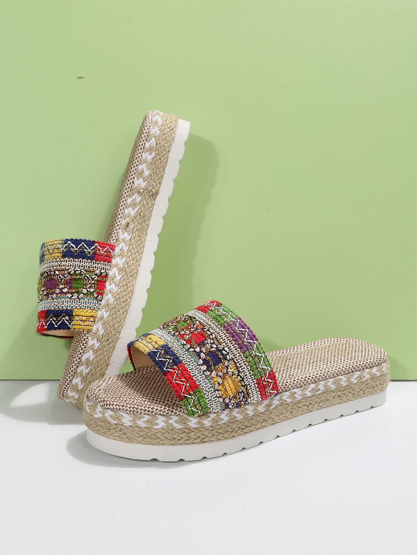 Gewebte Damen Pantoletten Platform - Sommer Schuhe für Damen 2025 Neu - Strand Casual Absatz Sandalen Bohemian Handgemacht Espadrilles