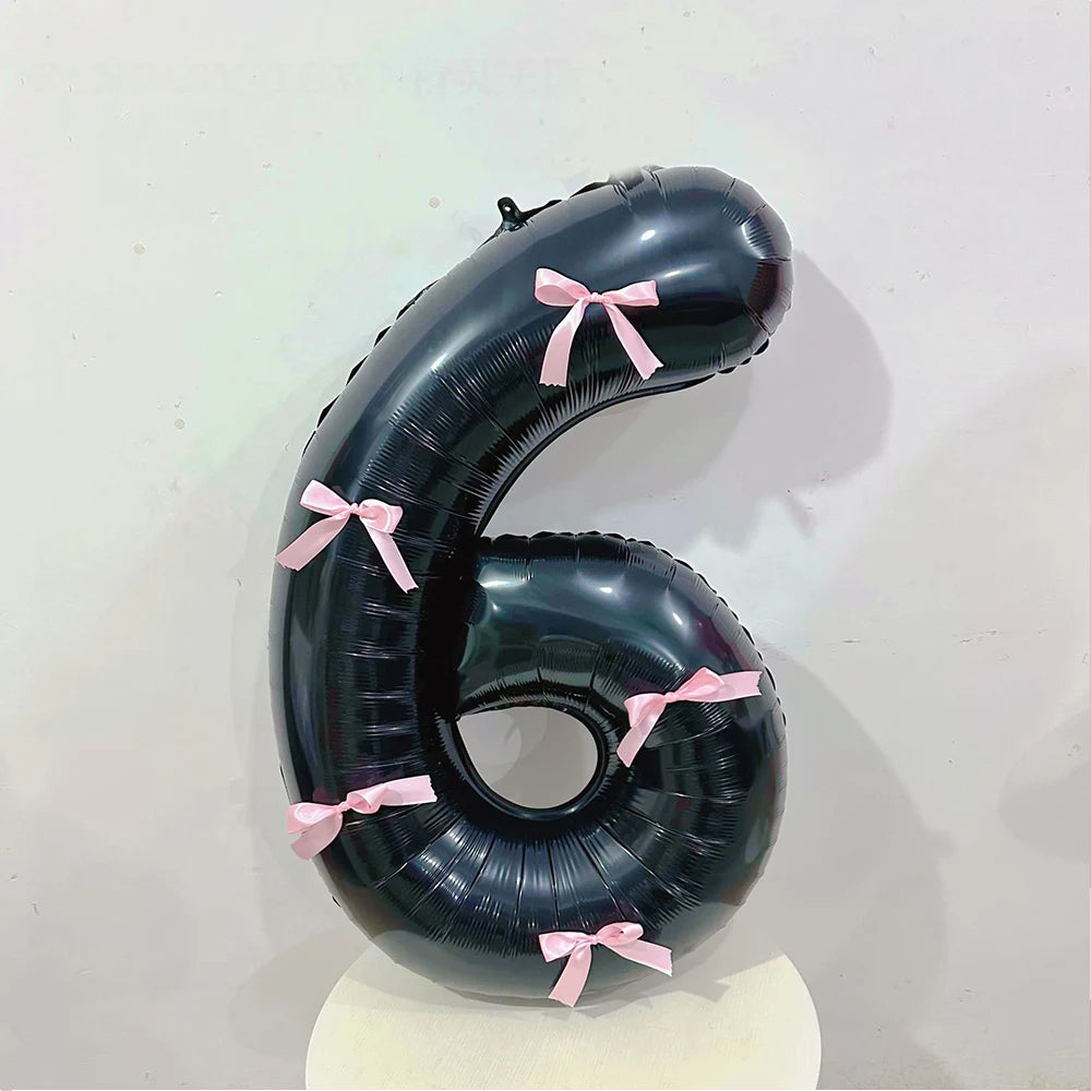 Black Number Balloons Aluminum Film Balloons With Pink Bow for Kids Boy Girl Birthday Party Decorations 0-9 Numbers