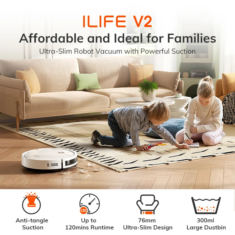 Aspirator robot ILIFE V2, autonomie de 120 de minute, aspirator robot cu autoîncărcare, subțire, silențios, ideal pentru păr de animale și podele dure