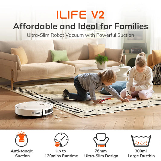  ILIFE V2 Robot Vacuum Cleaner, 120 Min Runtime, Self-Charging Robotic Vacuum, Slim, Quiet, Ideal for Pet Hair and Hard Floors