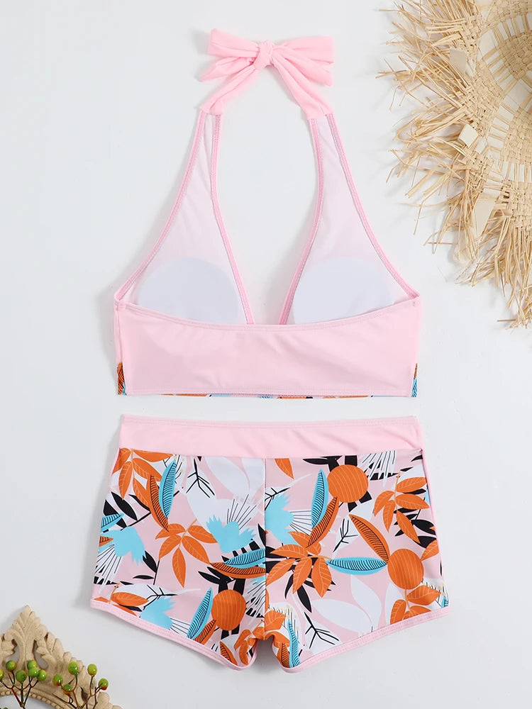 Halter Bikini Set: High Waist Design Wire-Free Support Spandex Polyester - Kurzer Schwimmanzug Frauen Bedruckte Bademode Polsterung Strandmode