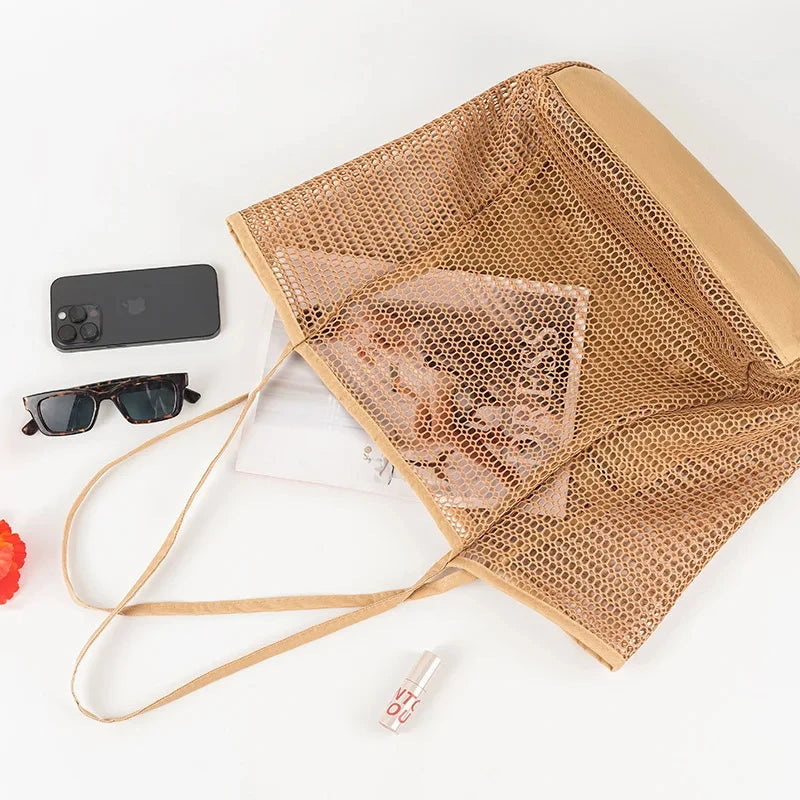 Women Swimming Beach Mesh Bag Ladies Shoulder Bag Large-capacity Travel Portable Storage Bag Multifunction Handbag