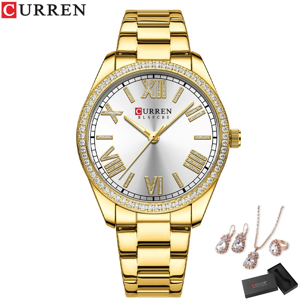 CURREN Luxus Uhr Damen Ring Halskette Ohrringe - Strass Mode Armbanduhr Weiblich Casual Damen Uhren Armband 5-teiliges Set