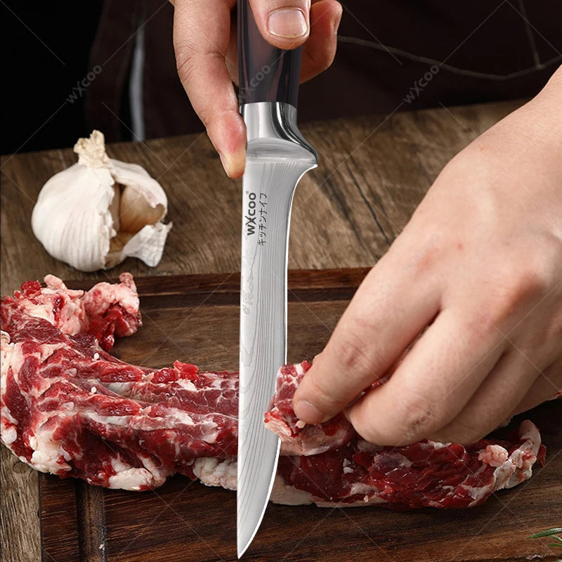 WXCOO Professional Kitchen Chef Knife Damascus Steel Laser Pattern Santoku Knife Double Side Magnetic Kitchen Knife Block