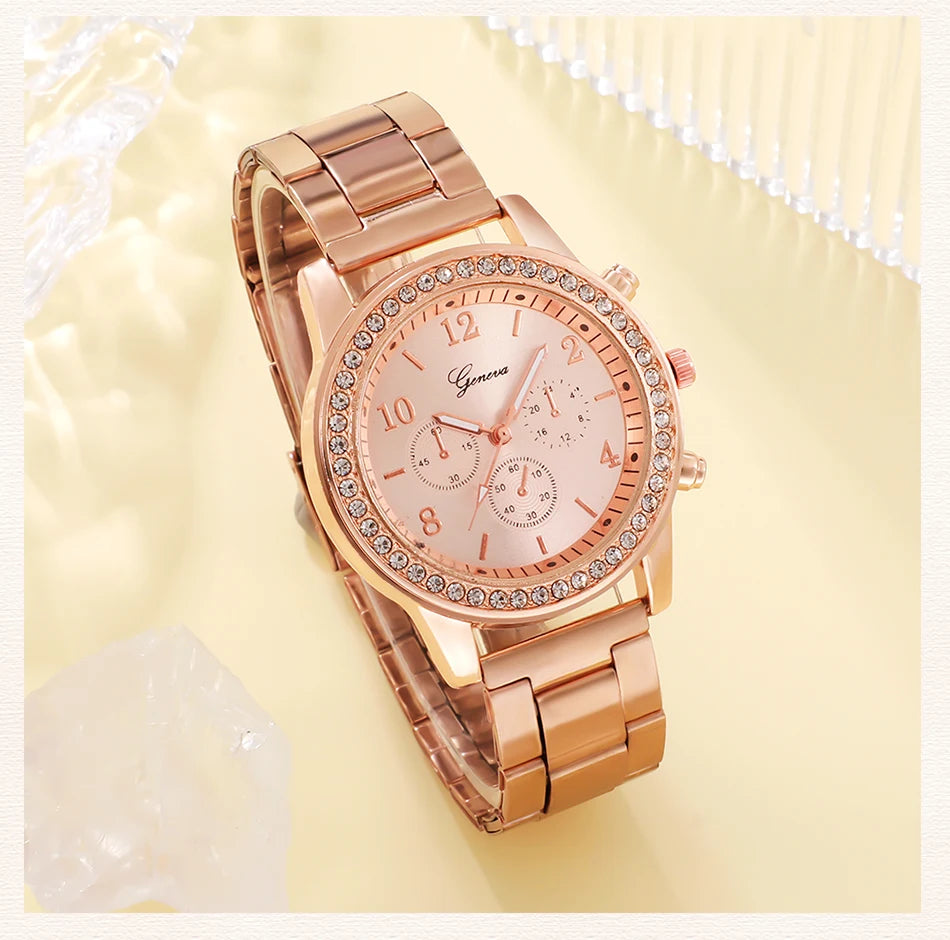 RoséLuxe 6er Set Roségold Schmuckuhr- Strass 38mm Edelstahl