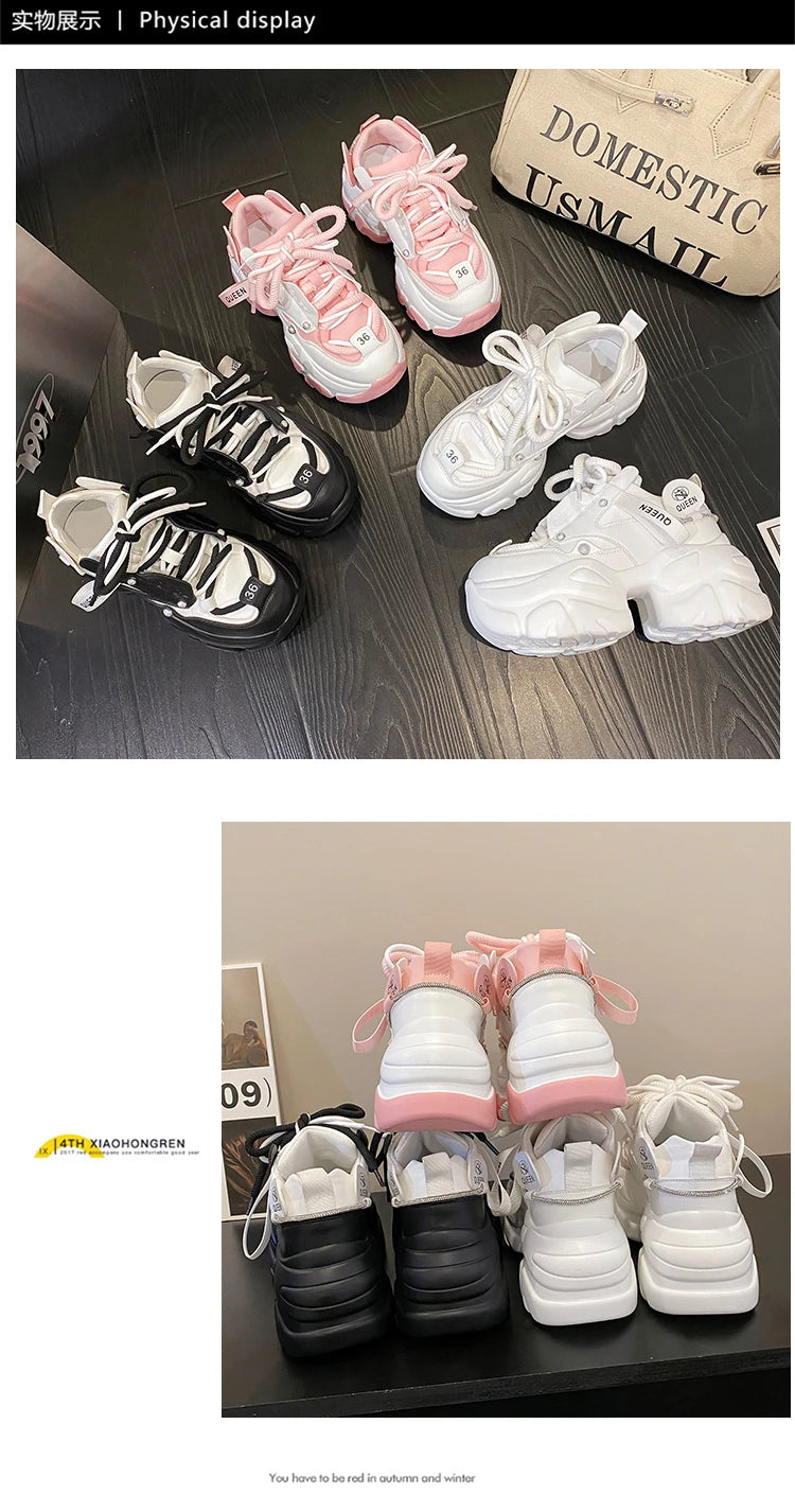 White Chunky Sneakers Women New Autumn Hidden Heel Platform Sports Dad Shoes Woman Lace Up Breathable Mesh Casual Shoes 9.5CM