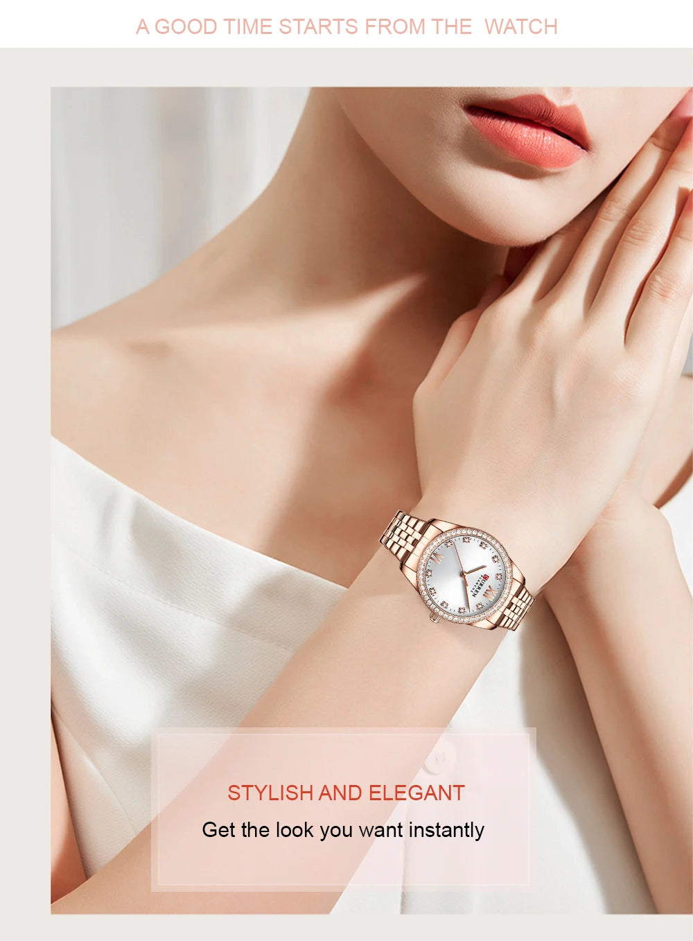 CURREN Luxus Uhr Damen Ring Halskette Ohrringe - Strass Mode Armbanduhr Weiblich Casual Damen Uhren Armband 5-teiliges Set