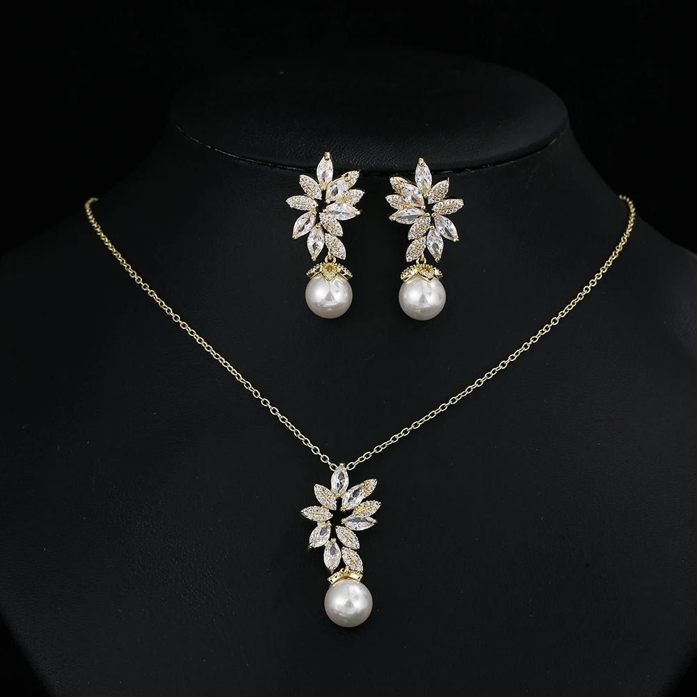 Luxus Silberfarbe AAA+ Cubic Zirkonia - Damen Große Perlen Halskette Anhänger und Ohrringe - Schmuck Sets Geschenk