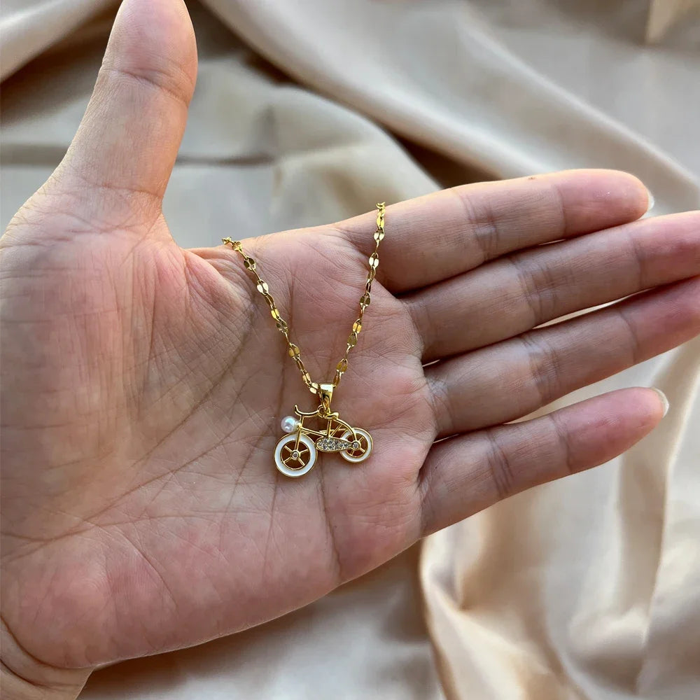 Exquisite Bike Bicycle Pendant Necklace White Enamel Fake Pearl Jewelry Fashion Women Chain Necklaces Gold Color Choker Gift 1PC