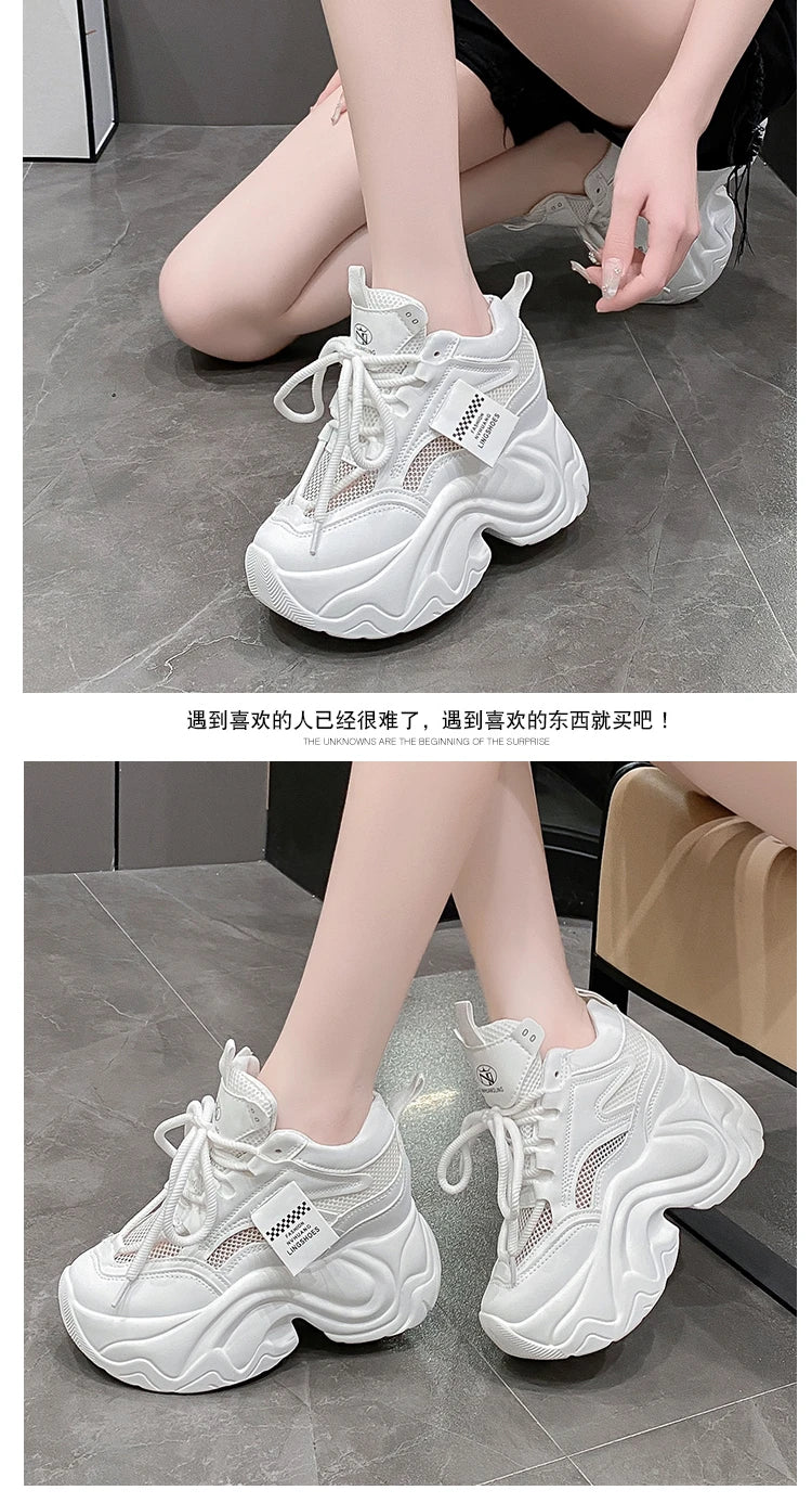 Women High Platform Sneakers New Summer 9.5CM Wedge Heels Thick Sole Leather Shoes Autumn Breathable Mesh Chunky Sneakers Woman