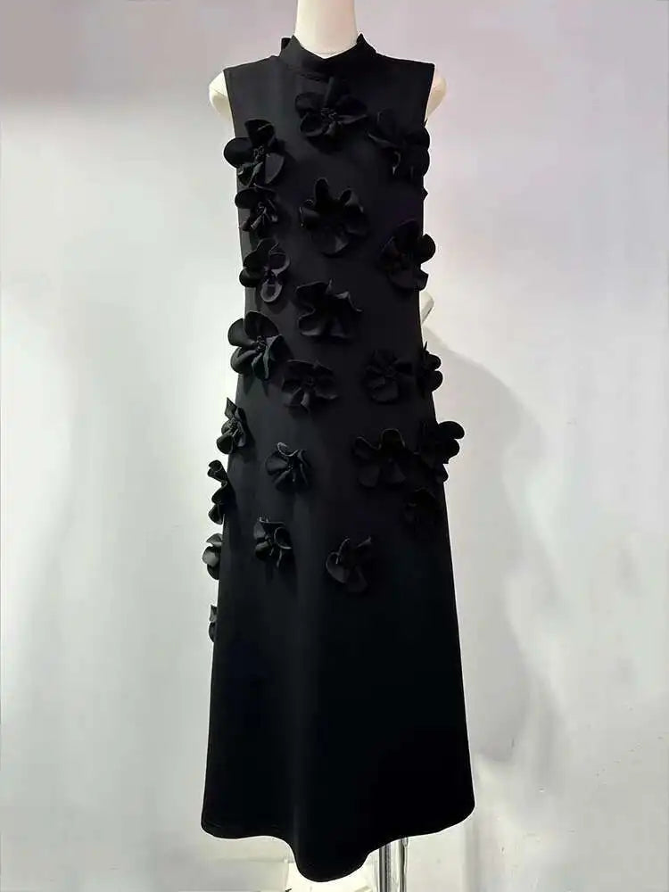 EWQ  Elegant Female Evening Dress 3D Floral Design Stand Collar Sleeveless Temperament Women Slim Dresses 2025 Spring Red Robe