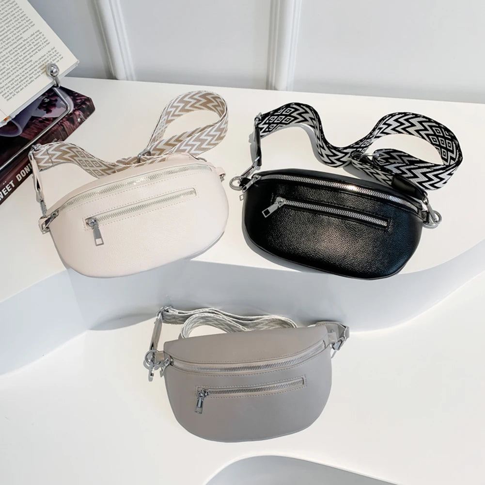 Women Stylish Crossbody Bag with Wide Strap Retro Fanny Pack PU Leather Simple Shoulder Bag Travel Outdoor Bag