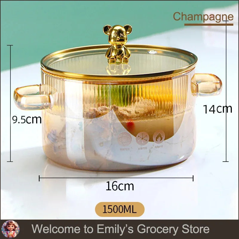 HighBorosilicateGlass Thickened PotHouseholdConvenient Bear Soup Pot with Lid Double Ear Soup Glass Pot Instant Noodles Milk Pot