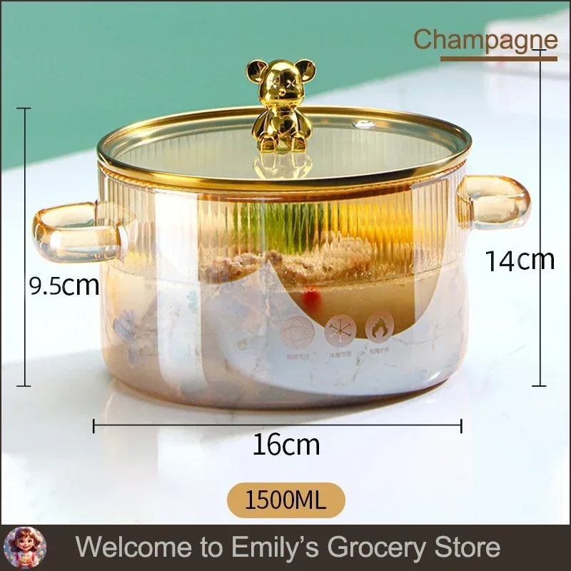 HighBorosilicateGlass Thickened PotHouseholdConvenient Bear Soup Pot with Lid Double Ear Soup Glass Pot Instant Noodles Milk Pot - Golden Bridge Store