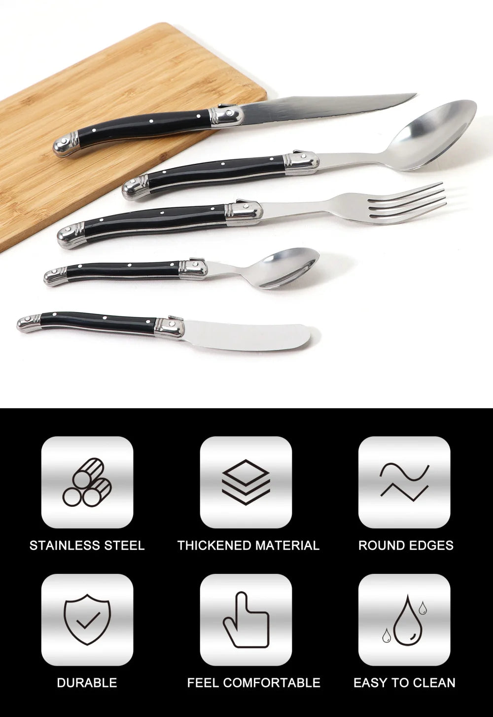 Besteck-Set 2025: Jaswehome 3/4/5pcs Stainless Steak Knife Butter Knife Fork - Soup Tea Spoon Ergonomic Black Flatware Western-Style Tableware Collection