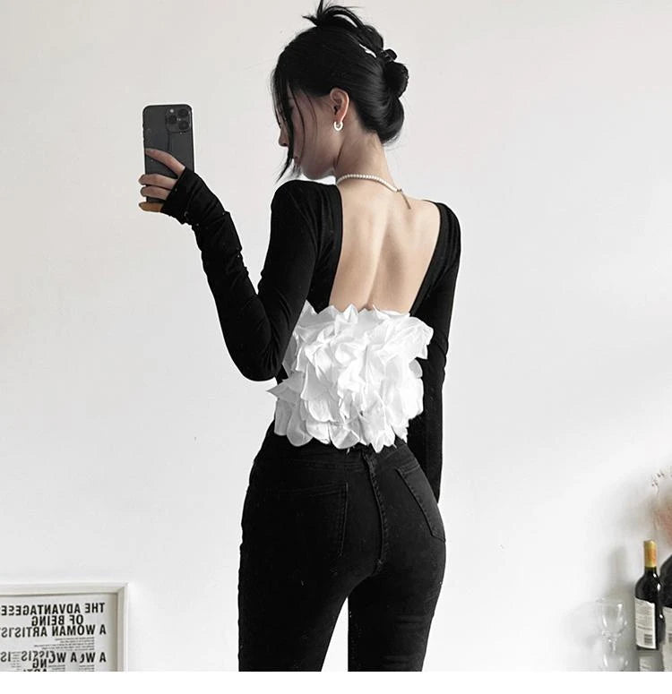 New elegant Tshirts for Women 2025 Ropa Mujer Patchwork Tops Tunic Long Sleeve Tees Backless Crop  Fashion Casual Y2k T-shirt