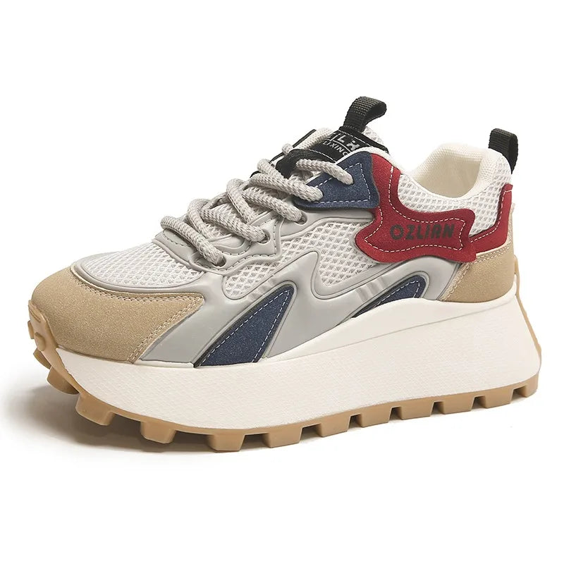 Women‘s Trendy Color-blocked Brand Design Thick-soled Sneakers 2024 Spring and autumn New  Lace-up Mesh Breathable Tennis Shoes