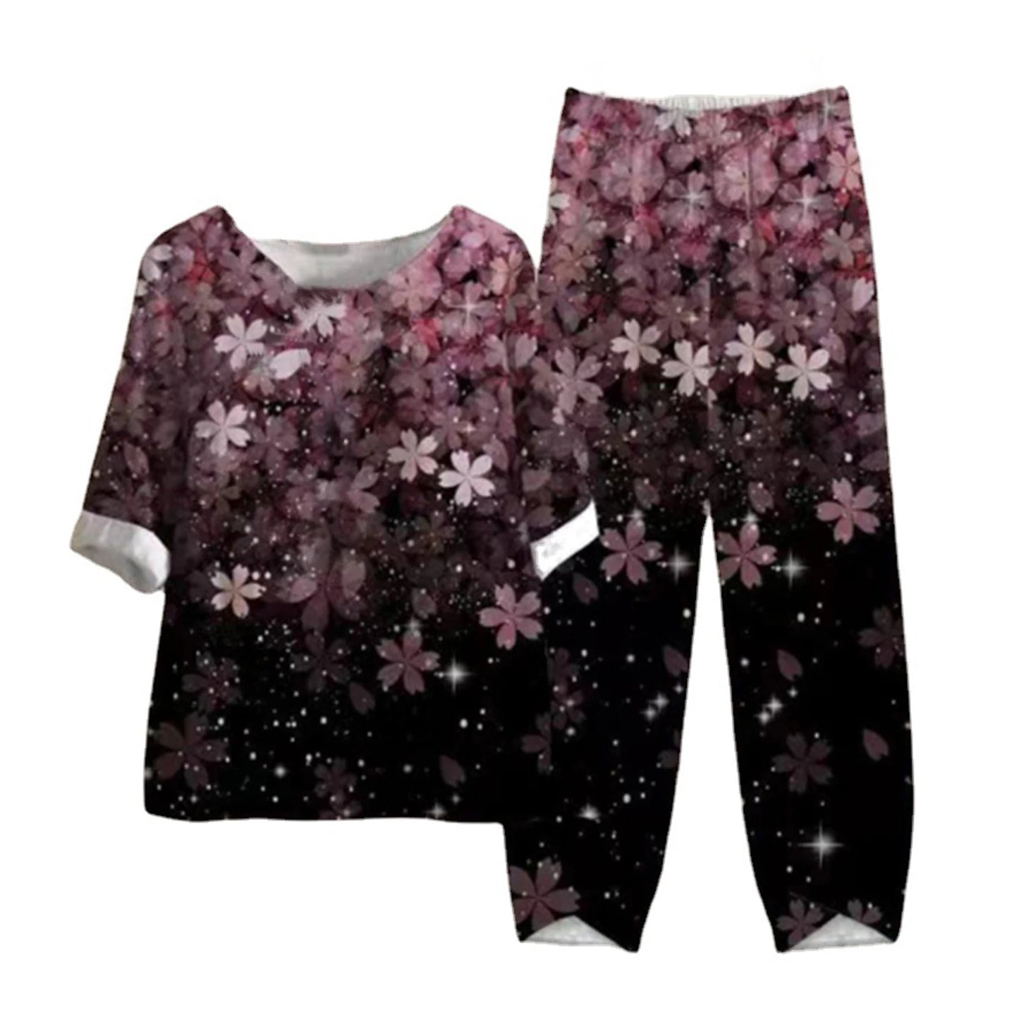 Elegant  Women Outfit Breathable Flower Pattern Blouse Trousers Half Sleeves Soft Blouse Pants Spring Clothes